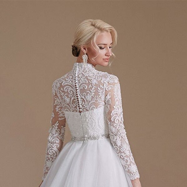 High Neck Wedding Dress, Illusion Sweetheart Ball Gown Long Sleeve Sparkle Lace 3D Flower, Beaded Belt Bridal Gown Button Back Train 2023