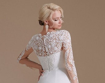 Long Sleeve Mermaid Wedding Dresses, Beaded French 3D Floral Lace Fishtail Elegant Bridal Gown Illusion Plunge Sweetheart Button Train 2023