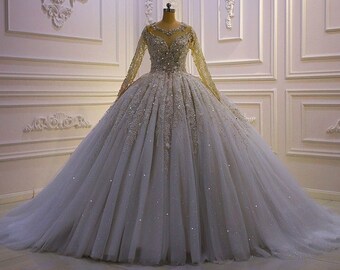 Couture Wedding Dress, Long Sleeve Wedding Dress Ballgown Luxury Hand Beaded 3D Flower, Illusion Princess Ball Gown Sparkle Long Train 2023