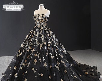 Black Celestial Wedding Dress, Star Ball Gown Wedding Dress, Celestial Wedding Gown Gold Stars And Train, Starry Night Wedding Dress 2022