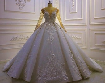 Luxury Wedding Dress Long Sleeve Ballgown, Beaded Lace Ball Gown Illusion V Back, Sparkle Bridal Gown Unique, Shimmering Ball Gown 3D Flower