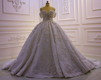 Off The Shoulder Wedding Dress Ball Gown,Luxury Beaded 3D Floral Wedding Gown Lace Embroidered Corset Back Train, Sparkle Princess Ballgown