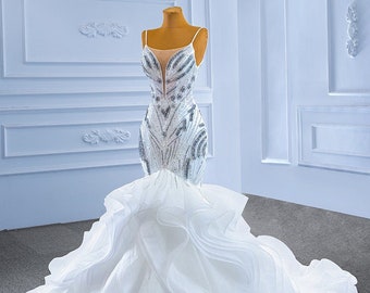 Couture Wedding Dress, Luxury Beaded Mermaid Wedding Dress Tin Straps Illusion Plunge Neck, Bling Mermaid Gown Ruffle Organza Skirt Train