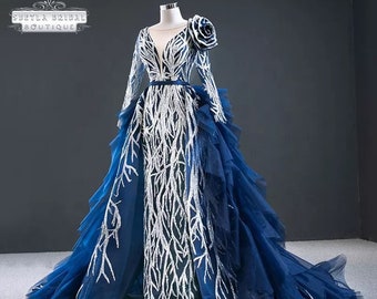 Royal Blue Wedding Dress, Blue Illusion Plunge Wedding Dress Long Sleeve, Luxury Beaded Bridal Gown Ruffle Overskirt, Designer Wedding Dress