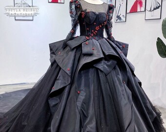 Black Wedding Ball Gown, Luxury Beaded Black Wedding Dress Long Sleeve, Black Corset Bow Bridal Gown Sparkle Tulle Red 3D Flowers Long Train