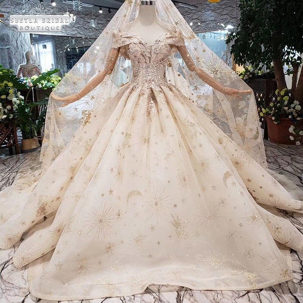 Starry Wedding Dress, Luxury Beaded 3D Lace Champagne Wedding Dress Ball Gown Plunge Sweetheart Gold Sparkle Star Veil Train, Celestial Gown