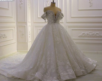 Wedding Dress Convertible, 2 in 1 Wedding Dress, Luxury Beaded 3D Lace Ball Gown Wedding Dress, Bling Mermaid Wedding Dress Detachable Skirt