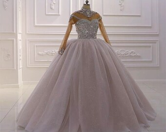 Luxury Beaded Princess Wedding Dress, Ball Gown Wedding Dress Long Sleeve, High Neck Bridal Gown Bling Illusion Back, Royal Wedding Ballgown