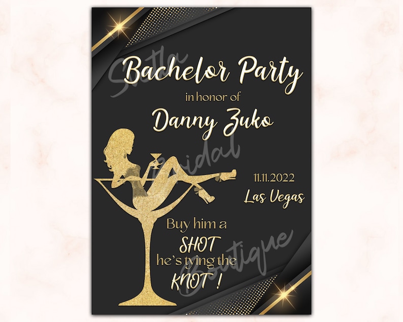 Bachelor Party Invitation Black Glitter Gold Sparkle EInvite Bachelor Template Fully Editable Las Vegas Itinerary