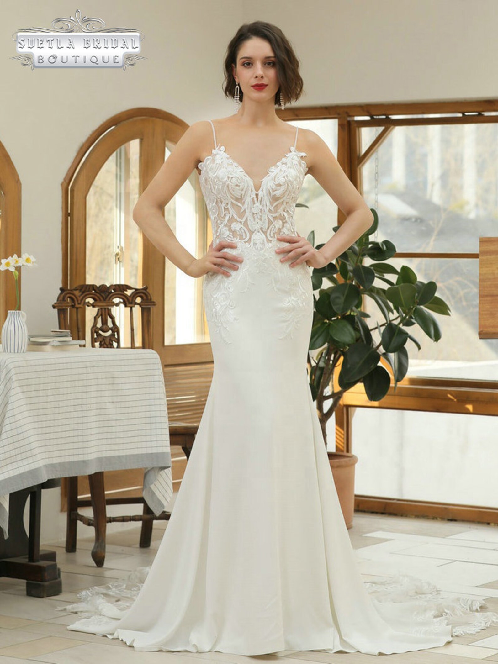 Sheath Wedding Dress Illusion Lace Bodice Beaded Appliques - Etsy