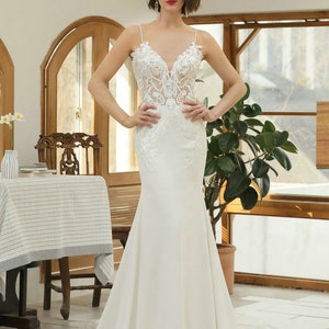 Sheath Wedding Dress Illusion Lace Bodice Beaded Appliques, Spaghetti ...