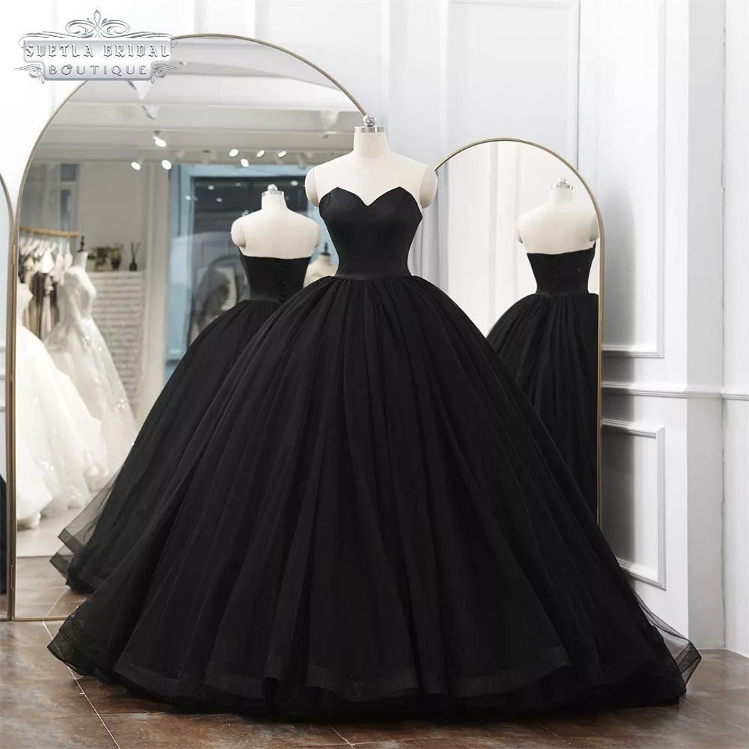 Black Wedding Dress Ball Gown, Black Satin Corset Sweetheart Wedding ...