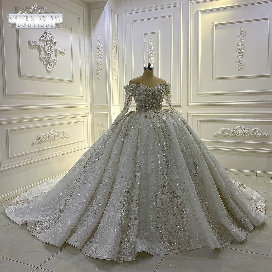 Robe de mari?�e de luxe en dentelle 3D lourde de perles brod?�es, manches longues, robe de bal 