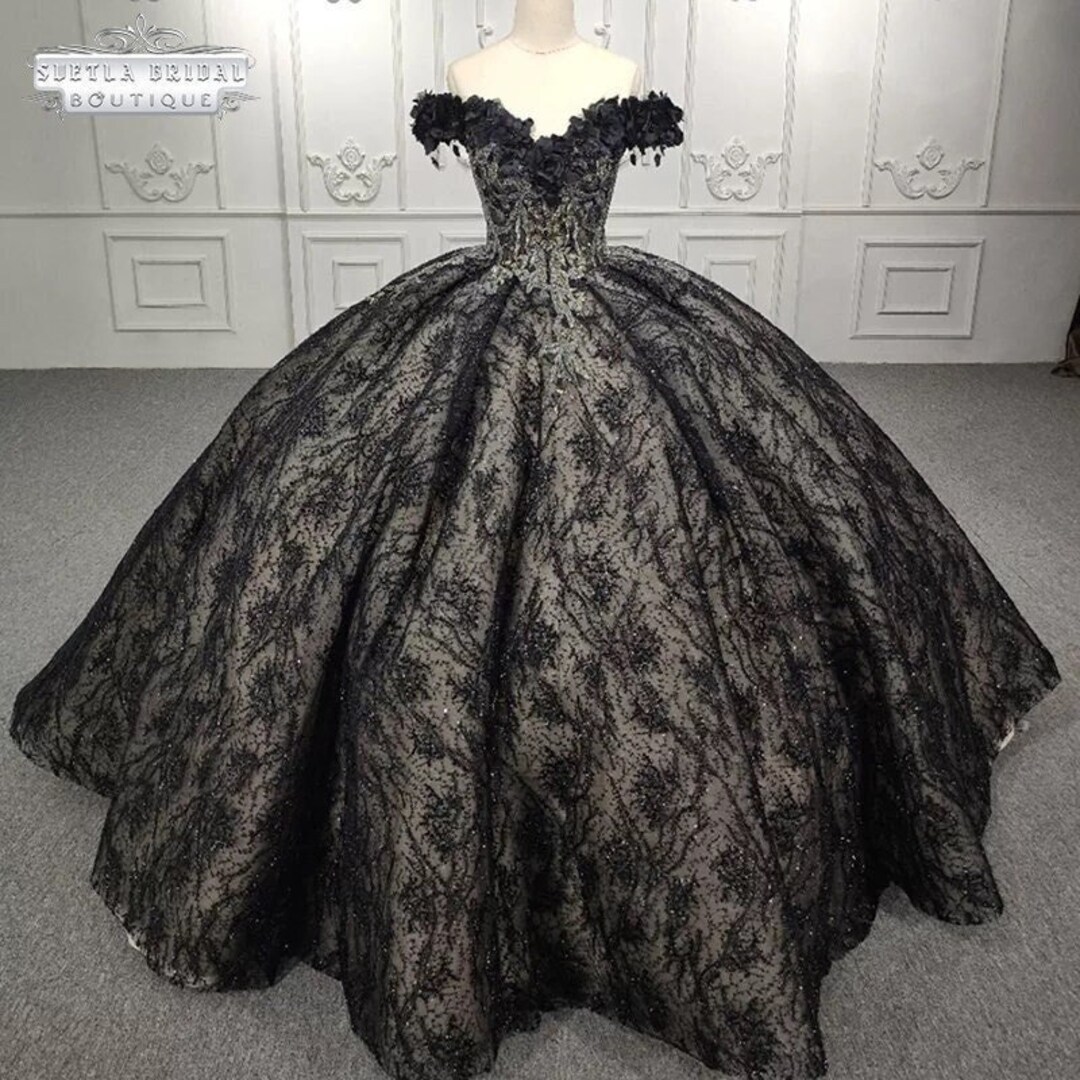 Black Lace Wedding Dress Black Beaded Ball Gown off the - Etsy UK