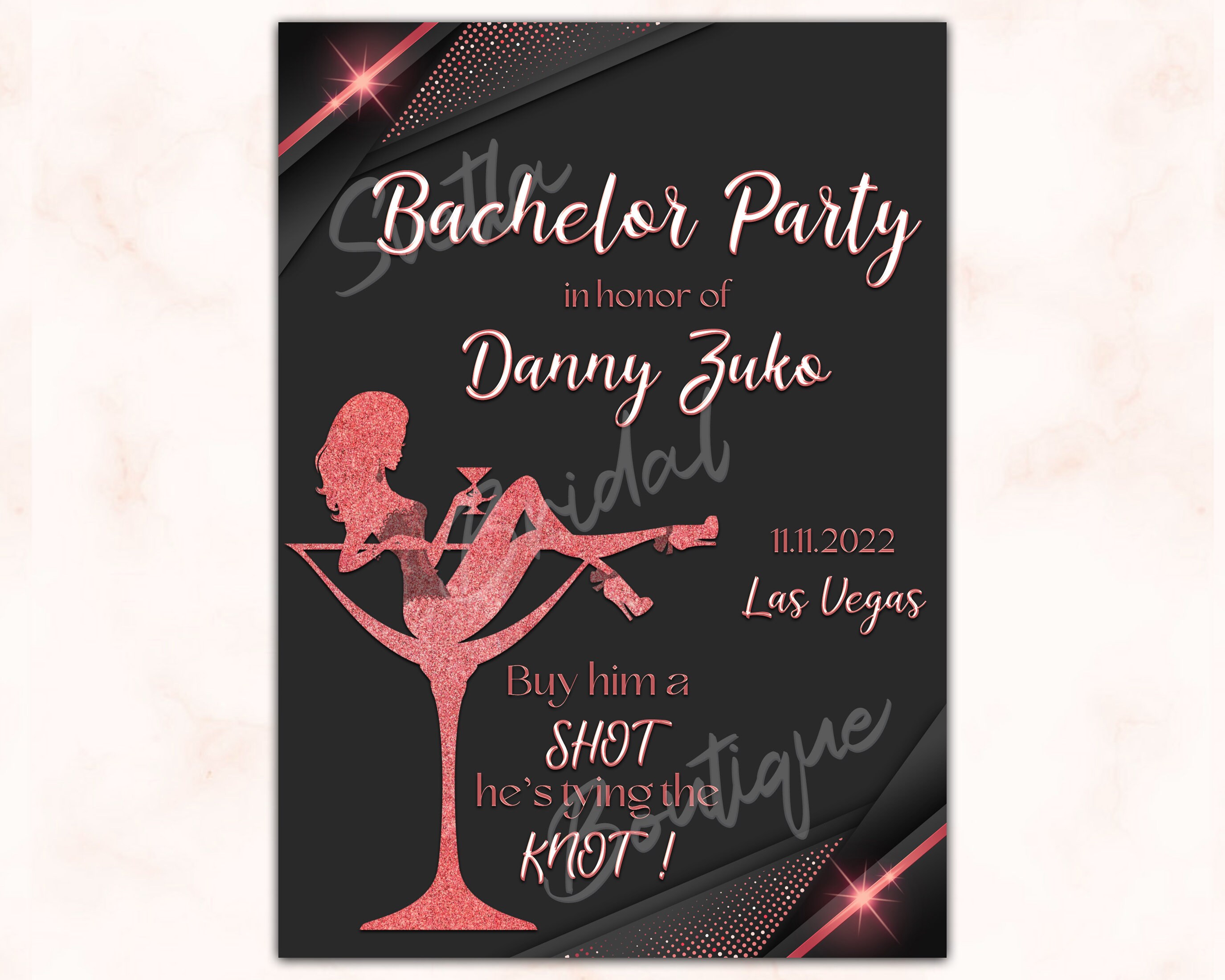 Bachelor Party Invitation Black Glitter Gold Sparkle E-invite pic