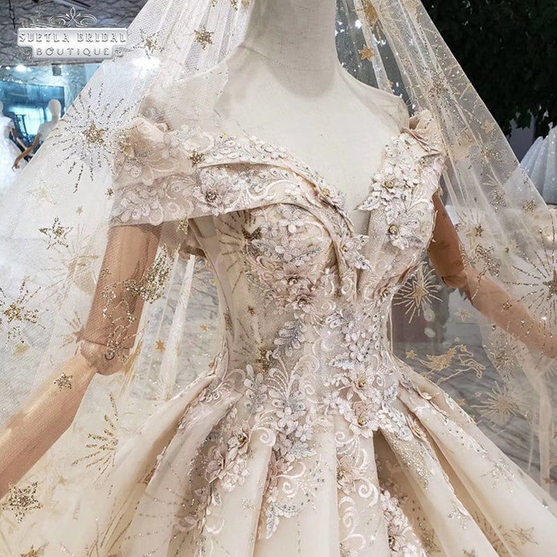 Starry Wedding Dress Luxury Beaded 3D Lace Champagne Wedding - Etsy