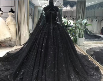 Black Wedding Dress Gothic, Couture Black Wedding Dress Ball Gown, Black Luxury Beaded Wedding Dress Sparkling Tulle Hooded Cape Veil Train