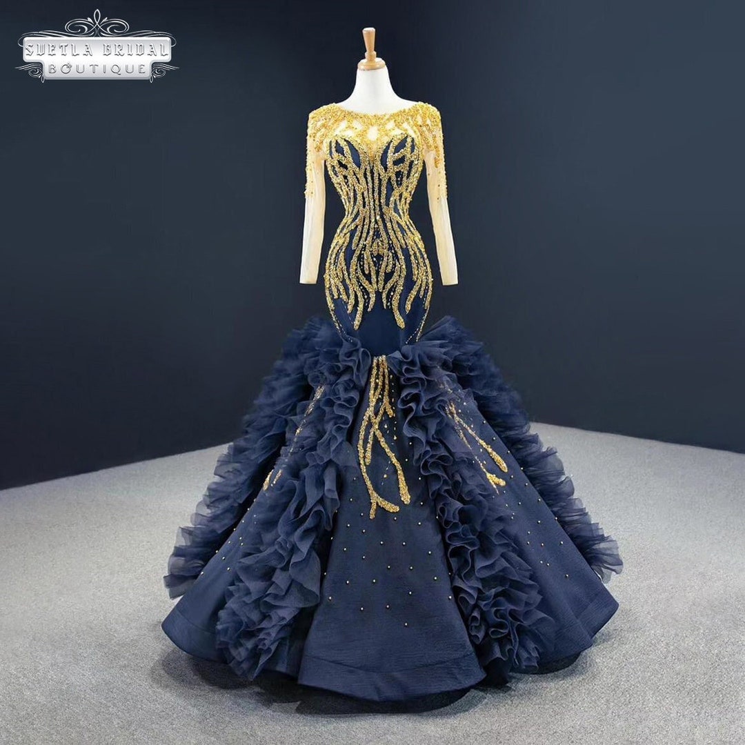 Blue and Gold Wedding Dress, Bling Long Sleeve Blue Mermaid Wedding ...