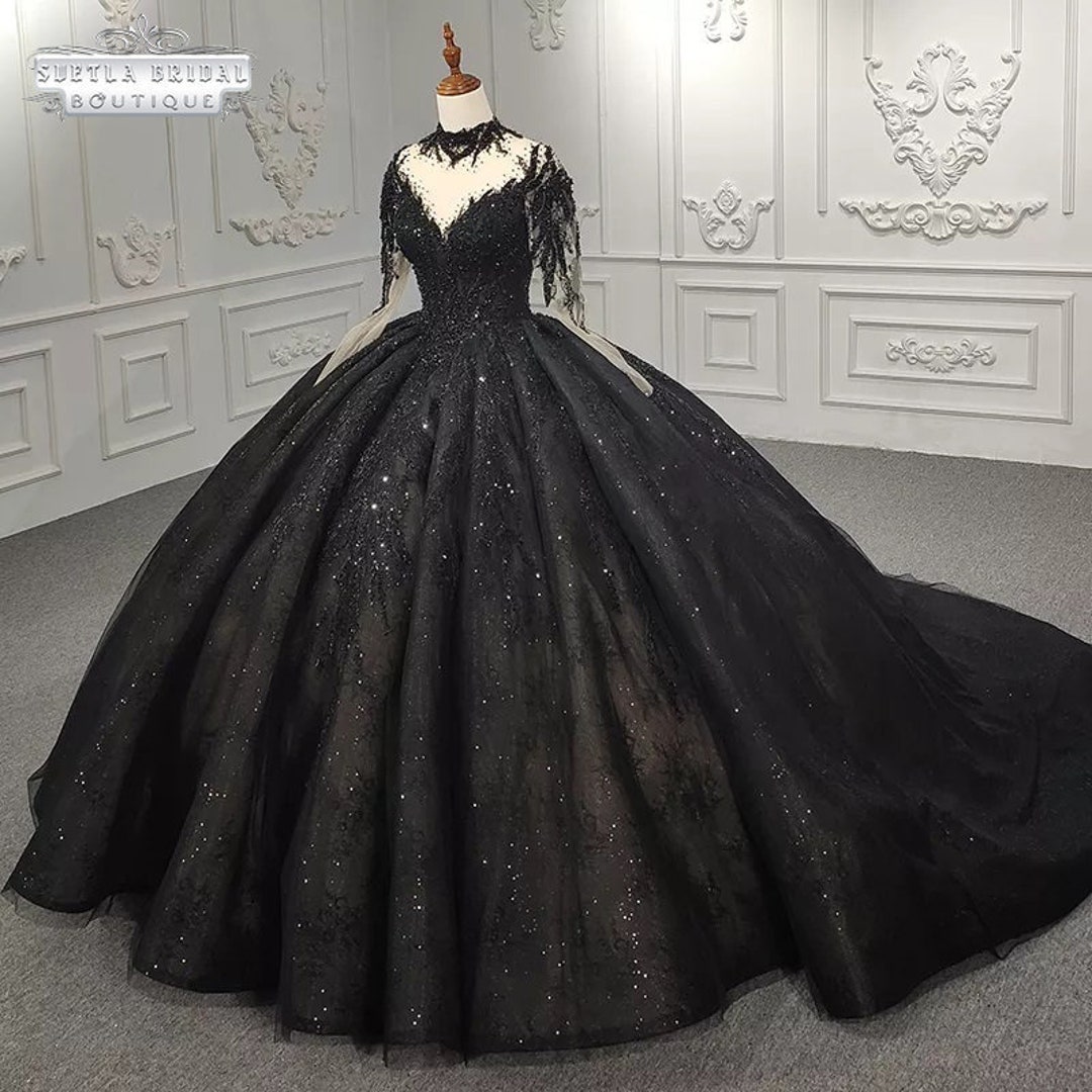 Stunning Unconventional Gown, Black Gothic Dress, Long Sleeves Black Dress,  Sparkle Tiered Ball Gown Wedding Dress. Plus Size Gothic Dress. 