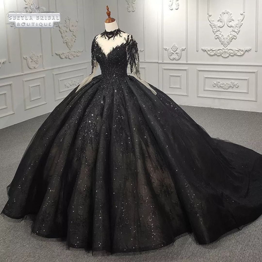 Black Wedding Dress Gothic, Black Ball Gown Wedding Dress Long Sleeve ...