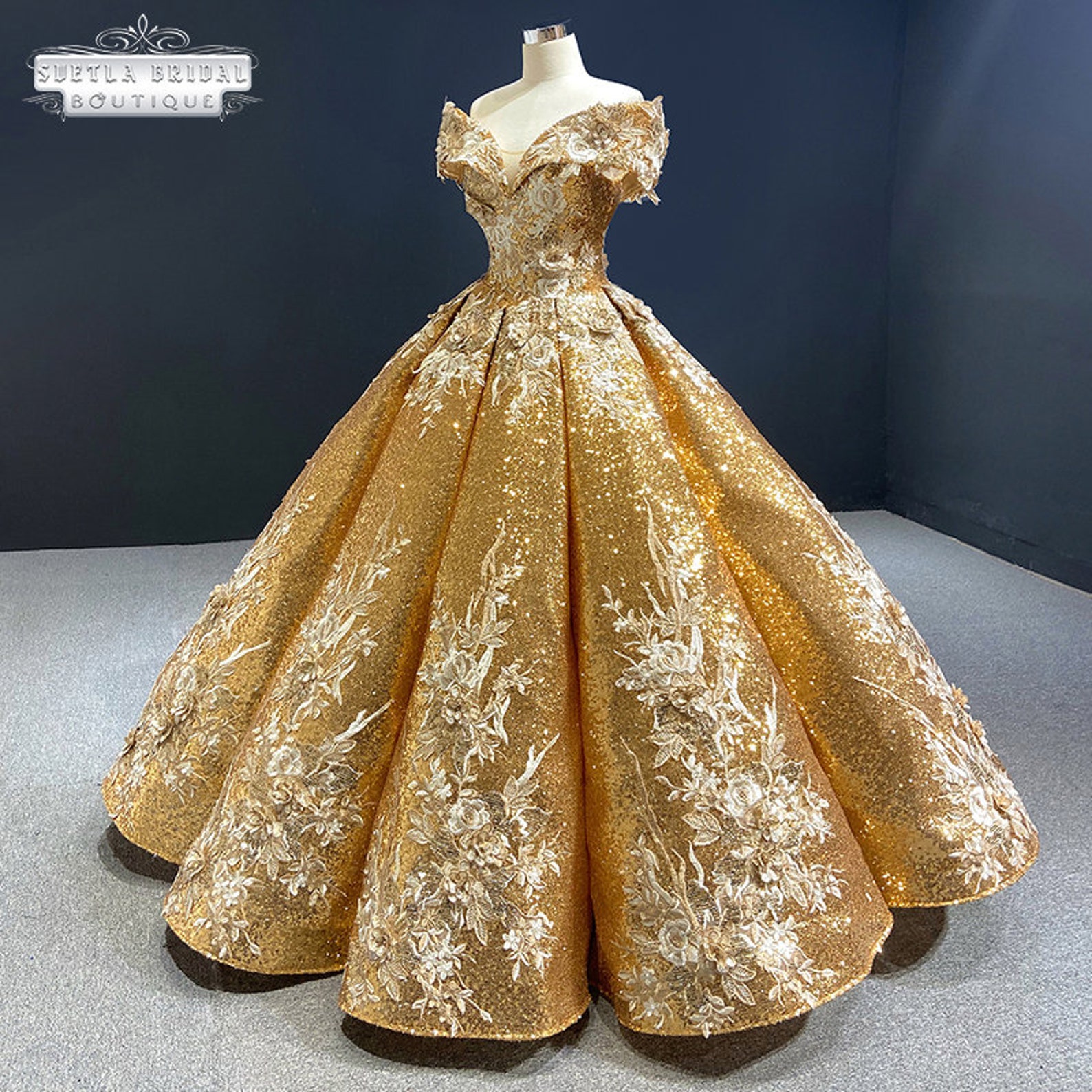 Ball Gown Wedding Dress Gold off Shoulder Luxury Beaded Puffy Etsy