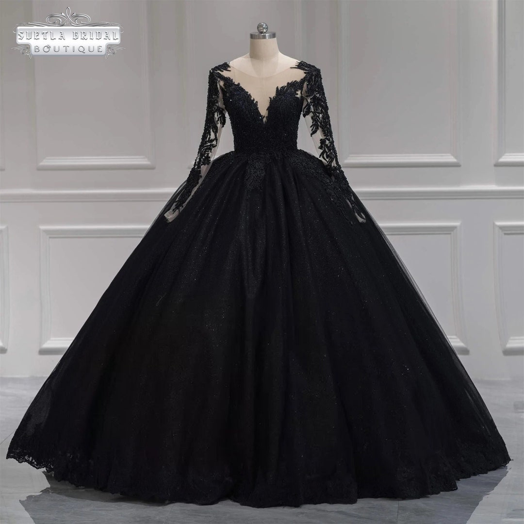 Black Lace Wedding Dress, Black Ball Gown Wedding Dress Long Sleeve ...