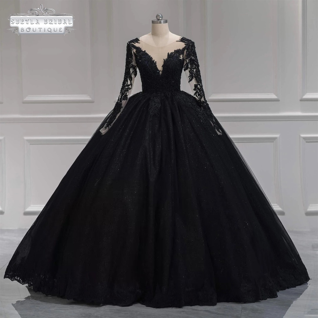 Black Lace Wedding Dress Black Ball Gown Wedding Dress Long Sleeve