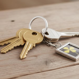 Portachiavi rettangolare in metallo argentato, con un vero quadrifoglio essiccato, un portafortuna universale per buona sorte e prosperità.