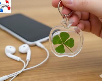Genuine Four-Leaf Clover Keychain, Lucky Charm Amulet, Original Christmas Gift, Bag Charm, Made in France