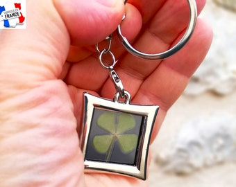 Key ring, square metal, 4-leaf clover, lucky charm