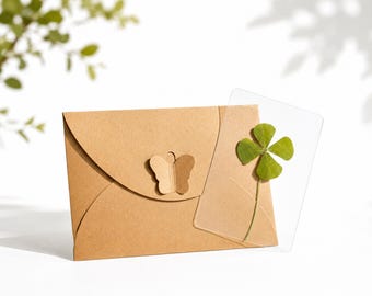 May include: A kraft paper envelope with a butterfly cutout closure. A clear acrylic card displays a pressed four-leaf clover. The background is white with soft shadows and a hint of greenery.
