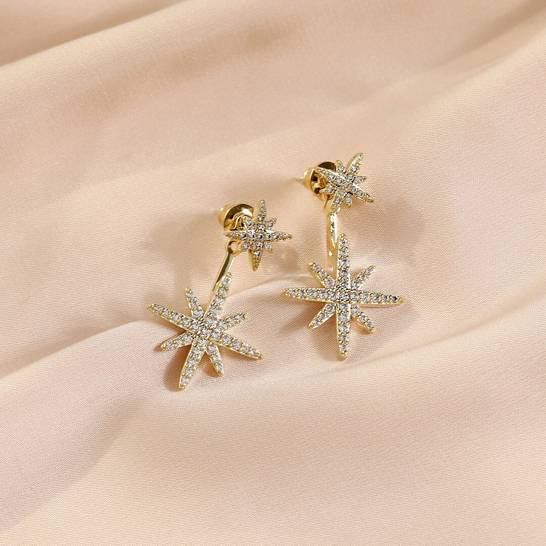 Stars Stud Dangle Earrings,ear Jackets Earrings, 14K Gold Earrings With
