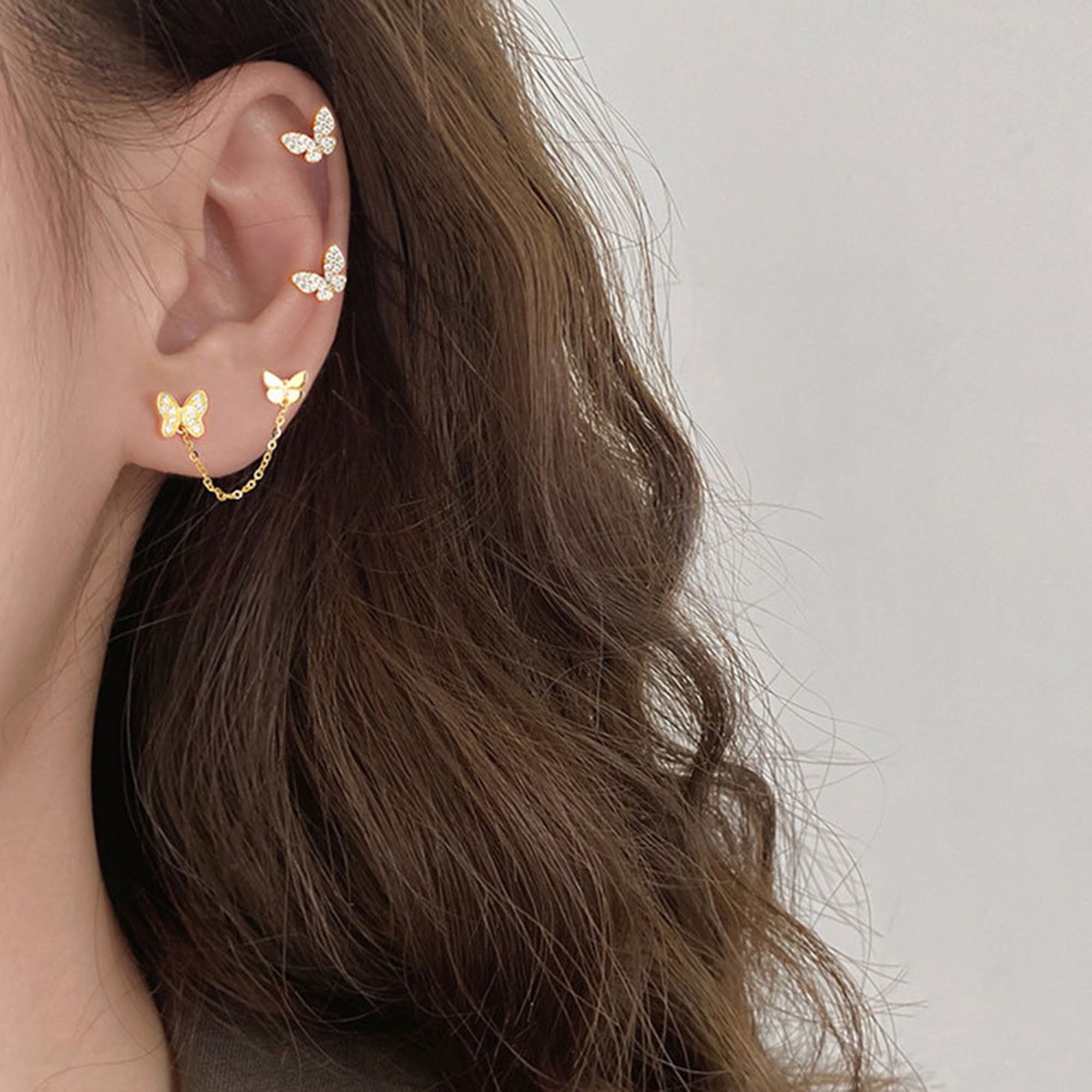 Buy Double Piercing Earring Solid Gold Earring Gold Chain Online in India   Etsy