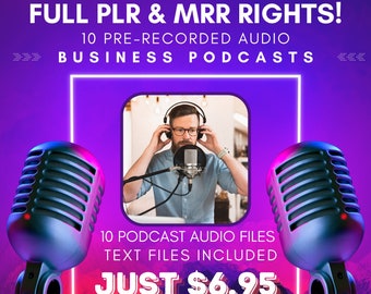 May include: A purple and pink graphic with two vintage microphones on either side of a man wearing headphones and recording a podcast. The text reads "FULL PLR & MRR RIGHTS! 10 PRE-RECORDED AUDIO BUSINESS PODCASTS 10 PODCAST AUDIO FILES TEXT FILES INCLUDED | JUST £6.95 FOR ENTREPRENEURS, DIGITAL MARKETERS, OR CONTENT CREATORS LOOKING FOR HIGH-QUALITY BUSINESS CONTENT TO RESELL AND GENERATE INCOME!"