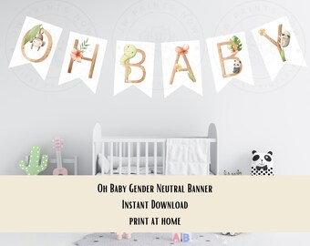 Oh Baby Watercolor Banner - Instant Download - Printable Baby Shower Banner - Gender Neutral Baby Shower Banner - Cute Animals Baby Banner