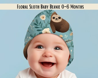 Floral Sloth Baby Knotted Beanie - JW Baby - JW Baby Shower Gift - Baby Beanie for Baby Boy - Beanie For Baby Girl