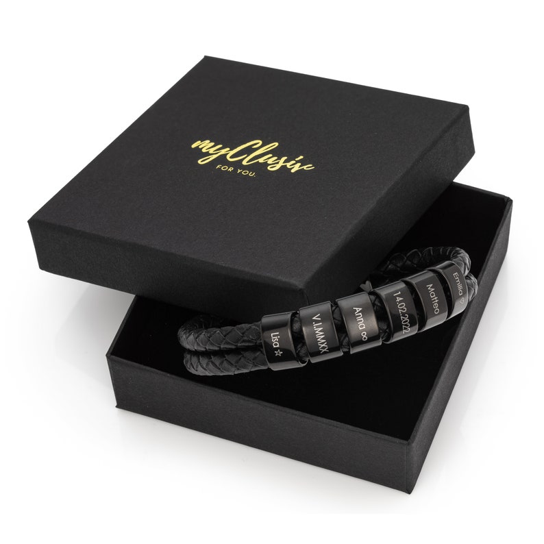 Personalized leather bracelet with engraved beads Black Edition image 6