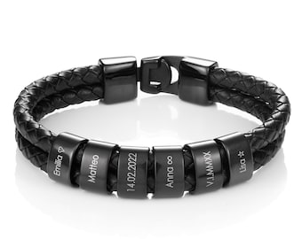 Personalized leather bracelet with engraved beads - Black Edition