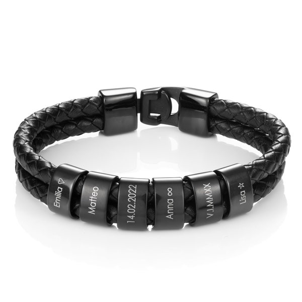 Personalized leather bracelet with engraved beads - Black Edition