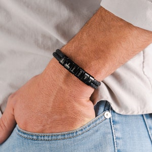 Personalized leather bracelet with engraved beads Black Edition image 3