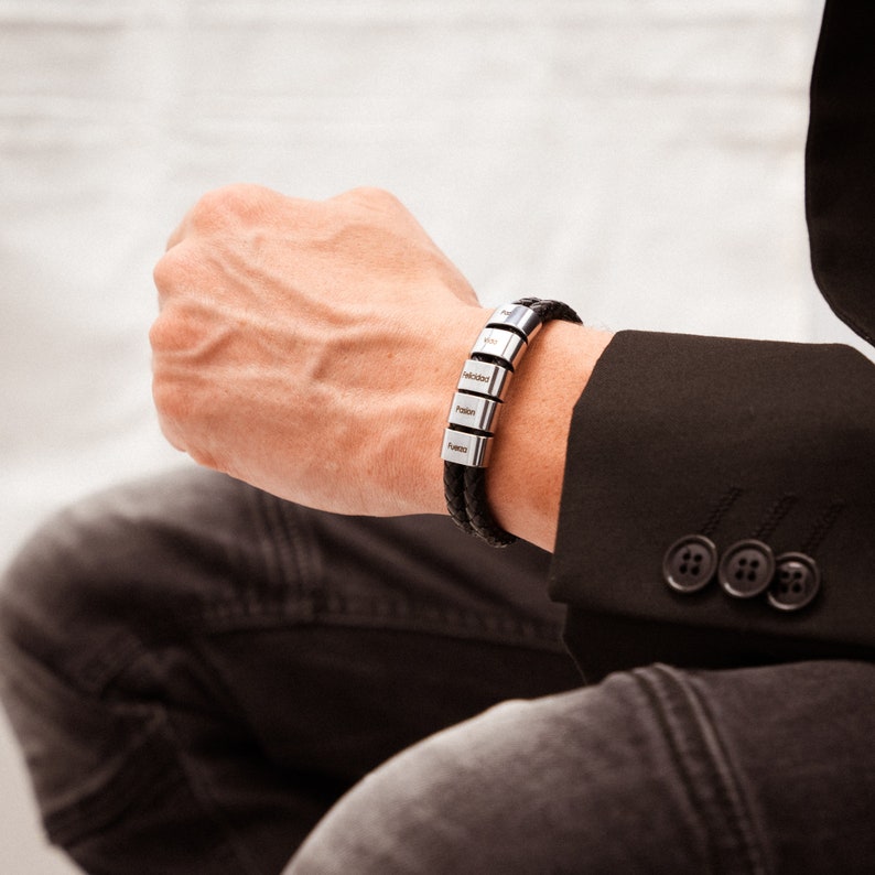 Personalized leather bracelet with engraved beads image 4