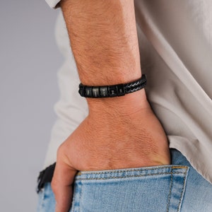 Personalized leather bracelet with engraved beads Black Edition image 5