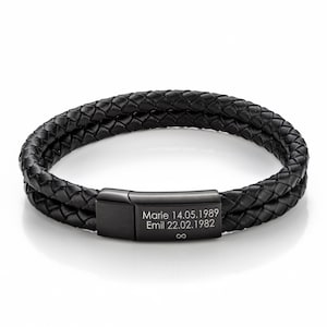 Gepersonaliseerde leren armband met gegraveerde sluiting - Black Edition
