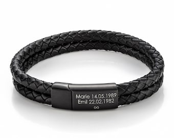 Personalized leather bracelet with engraved clasp - Black Edition