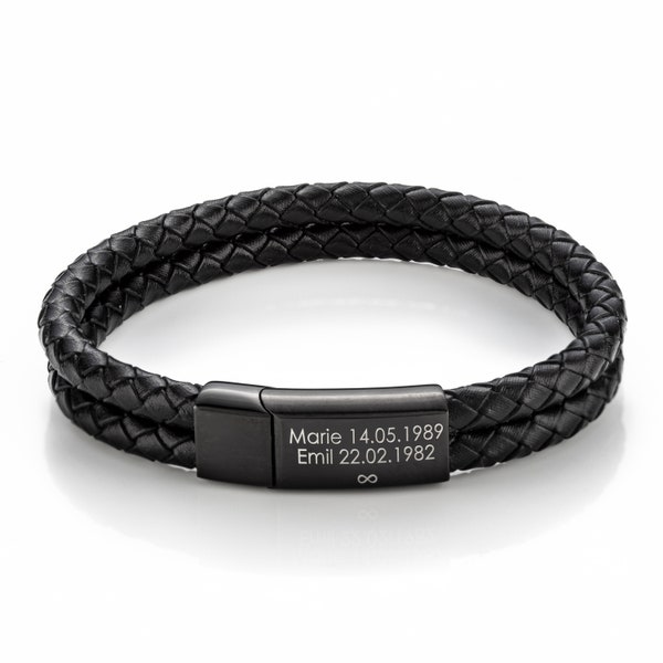 Personalisiertes Lederarmband mit graviertem Verschluss - Black Edition