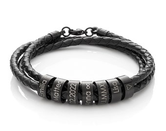 Personalized Engraved Leather Bracelet - Black