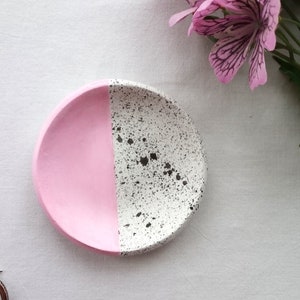 Handmade clay ring dish, trinket, half splatter, pink, black, hand painted image 1