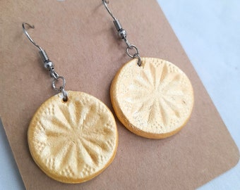 Handmade clay gold drop earrings, engraved, embossed, dangle, floral, stainless steel