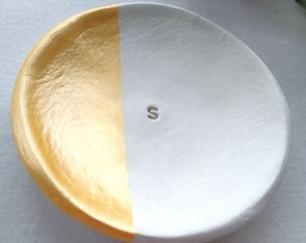 Personalised handmade clay initial trinket dish, ring, half gold, gift