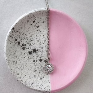 Handmade clay ring dish, trinket, half splatter, pink, black, hand painted image 3